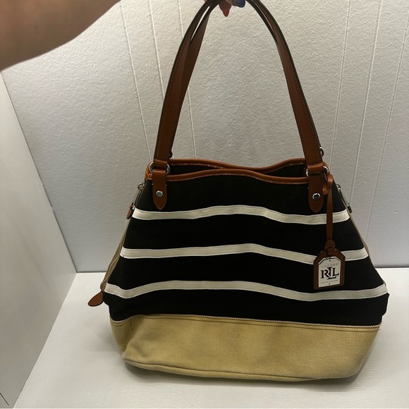 Lauren Ralph Lauren Black White Striped Canvas Tote Bag, Tan Base, Leather Trim - Picture 5 of 13